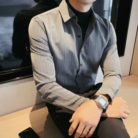 假两件修身条纹衬衫男秋冬拼接半高领针织衫商务休闲痞帅男士毛衣图片