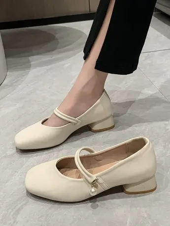 仙女鞋温柔浅口方头单鞋女款粗跟晚风玛丽珍鞋子配裙子淑女伴娘鞋图片