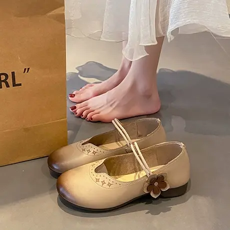 民族风女鞋2023新款复古软底软皮鞋手工花朵单鞋女文艺浅口平底鞋商品大图