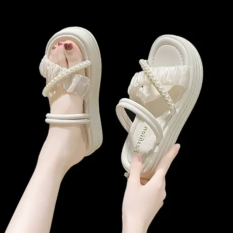 两穿凉鞋女外穿2023年夏季新款网红仙女风珍珠松糕厚底沙滩凉拖鞋图片