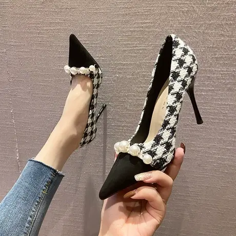 永希千鸟格单鞋女春季2023年新款尖头珍珠女鞋时尚爆款细跟高跟鞋商品大图