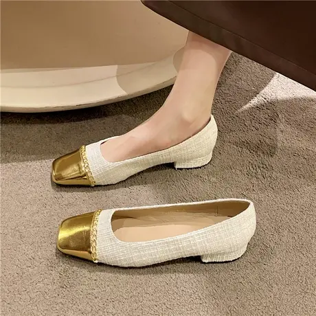 2023春季新款拼色小香风平底晚晚单鞋女韩版方头浅口软底豆豆瓢鞋商品大图