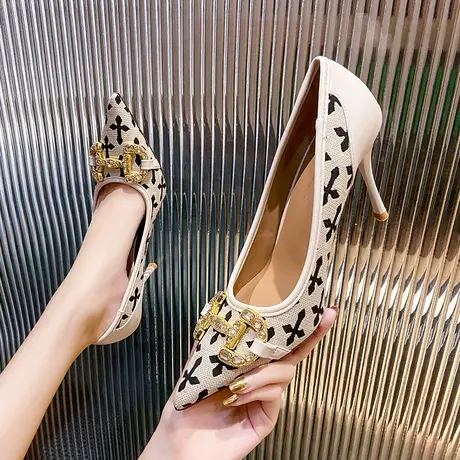 2023年夏季新款尖头水钻百搭高跟鞋女细跟性感气质金属扣浅口单鞋图片