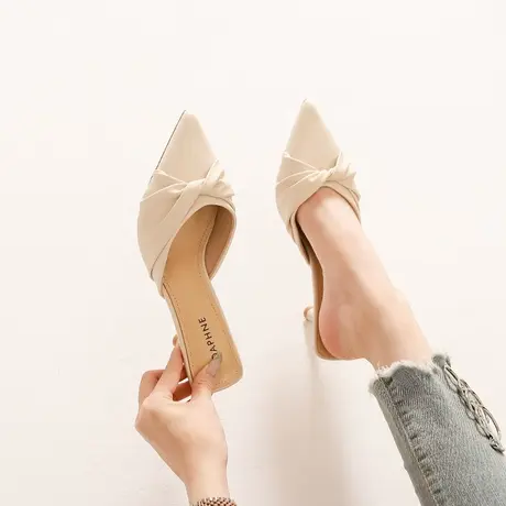 包头半拖鞋女外穿2023年夏季新款细跟百搭法式名媛风尖头高跟凉拖商品大图