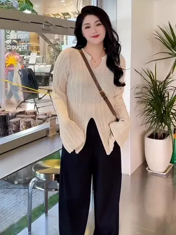 大码设计感针织衫长袖女春秋新款微胖mm显瘦遮肉打底衫上衣200斤商品大图