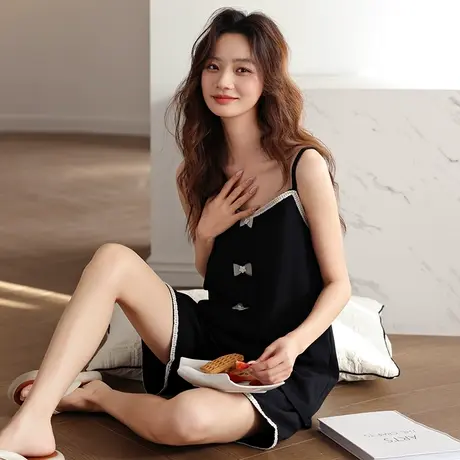 婷美新款睡衣女士夏季纯棉吊带短裤无袖薄款可外穿夏天家居服套装商品大图