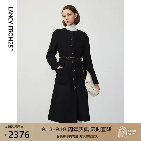 朗姿羊毛复古圆领气质冬季通勤大衣2023年新款高级感长款毛呢外套图片
