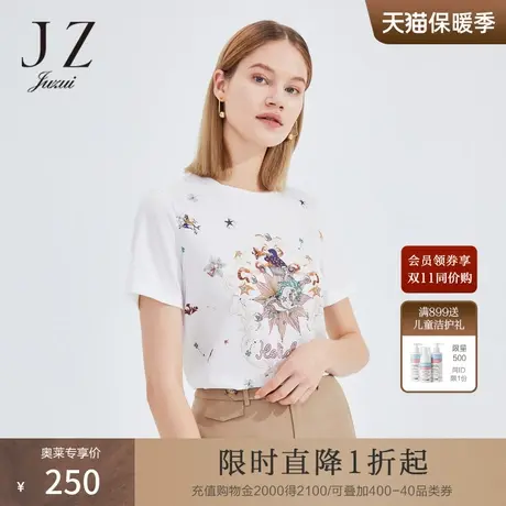 JZ玖姿上衣女2022夏季新款天使印花时尚休闲仿真丝拼接短袖t恤棉商品大图