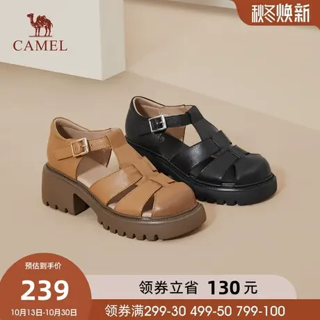 骆驼女鞋2023新款春夏猪笼鞋经典厚底粗跟包头凉鞋女真皮罗马凉鞋图片