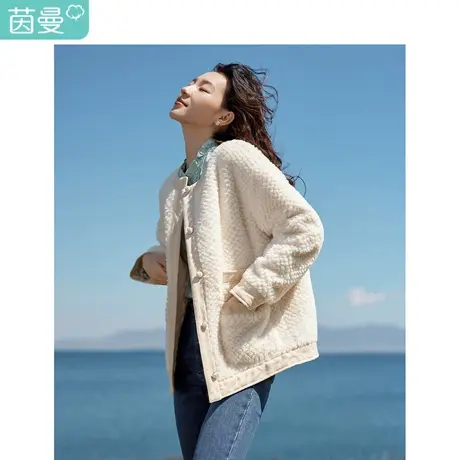 小香风毛绒外套23冬女装新款圆领落肩长袖夹棉宽松叠穿棉衣图片