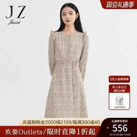 JZ玖姿官方奥莱印花收腰长袖裙子女春季新款小众设计感雪纺连衣裙图片