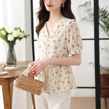 韩范甜美小清新短袖雪纺衬衫女夏季2303新款漂亮印花减龄遮肚小衫商品大图