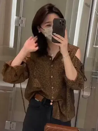 露肩长袖衬衫女上衣设计感小众秋装女2023年新款宽松polo领衬衣女商品大图