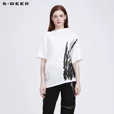 sdeer圣迪奥女装立领泼墨印花不规则飘带短袖衬衫S22280429商品大图