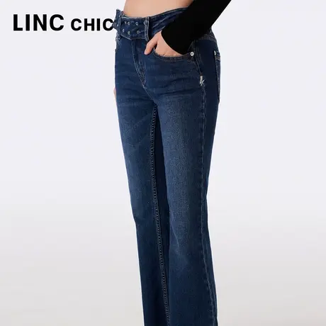 LINCCHIC金羽杰2023秋冬季新款复古修身显瘦蓝色长裤微喇牛仔裤女商品大图