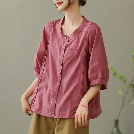 dza 复古单口袋纯棉衬衫女2023夏季薄款白色衬衣休闲宽松开衫上衣图片