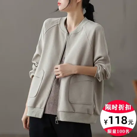 dza 休闲纯棉拉链女士短外套2023秋季新款宽松棒球服显瘦运动上衣商品大图
