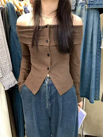 十三行秋装新款一字肩修身显瘦短款辣妹上衣纯欲风长袖针织开衫女商品大图