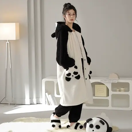 猫人睡衣女款秋冬季2023新款睡袍长袖大码法兰绒家居服套装可外穿商品大图