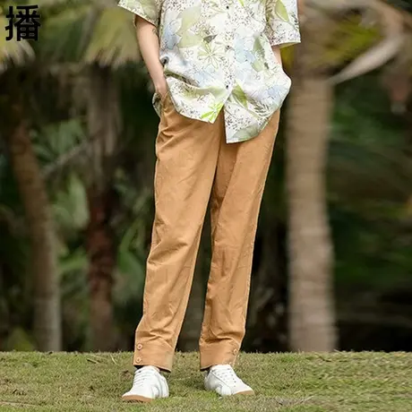播休闲裤薄款哈伦裤2023夏季新款高腰实用插袋脚口花苞腰锥形裤女商品大图