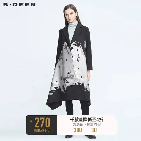 sdeer圣迪奥女装平驳领涂鸦印花A字不规则长款毛呢大衣S20481840🗨图片