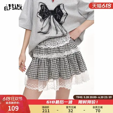 妖精的口袋蕾丝拼接格纹半身裙女2025年夏季新款甜美小个子短裙子图片