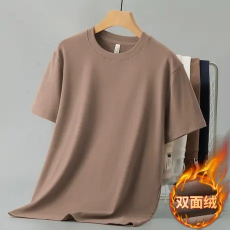 280g重磅双面德绒打底衫短袖t恤男装圆领加绒保暖半袖纯色上衣服商品大图