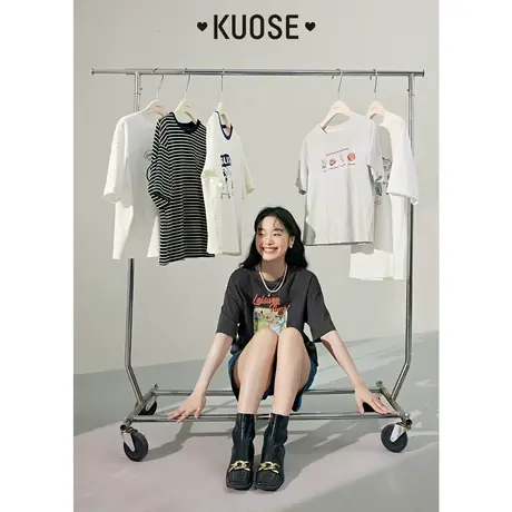 阔色多巴胺涂鸦半袖白T恤女2023夏季新款条纹正肩短袖灰黑色上衣图片