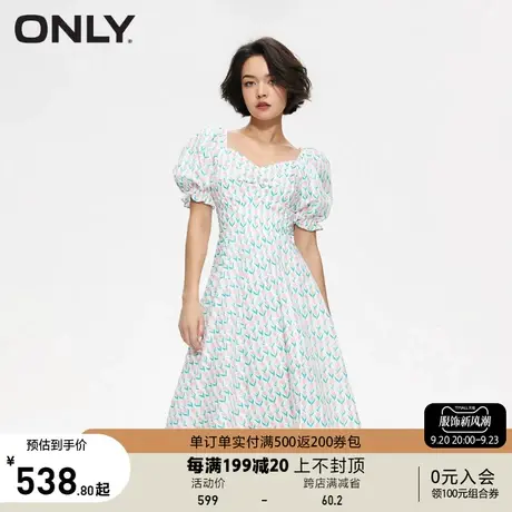 【买4免1】ONLY2023秋季新款时尚气质满印A字方领泡泡袖连衣裙女图片