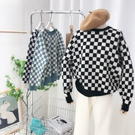 棋盘格毛衣2021秋冬款韩国东大门Ins小众软糯针织衫打底加厚保暖图片