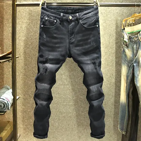 欧美潮牌显瘦牛仔裤男款破洞补丁修身弹力小脚裤秋冬新款黑色裤子图片
