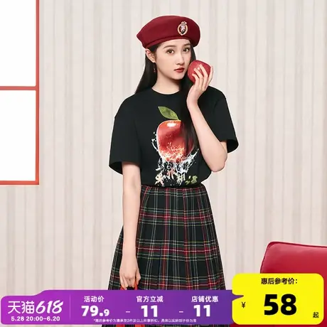 【关晓彤同款】唐狮2025夏季新款女短袖T恤黑色苹果圆领休闲上衣商品大图