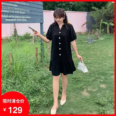 2023夏季新款V领荷叶摆减龄显瘦遮肉直筒黑色雪纺大码胖MM连衣裙商品大图