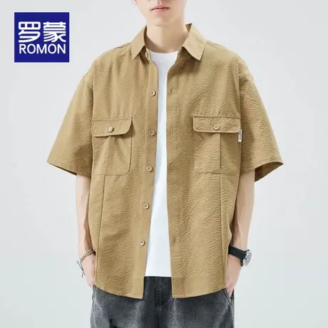 罗蒙冰丝工装衬衫短袖男生夏季2025新款潮牌宽松男士休闲外套衬衣图片