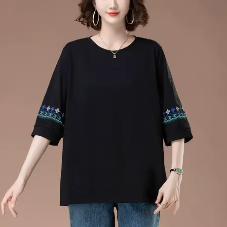 七分袖t恤女春秋纯棉宽松加肥加大码女装中年妈妈显瘦中袖打底衫图片