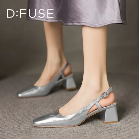 D：Fuse/迪芙斯凉鞋女2025夏季复古仙女风时装鞋低跟后空银色凉鞋图片
