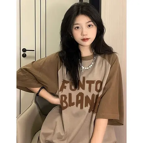 国潮复古T恤短袖女夏季2023新款插肩袖女装ins潮纯棉大码撞色上衣商品大图