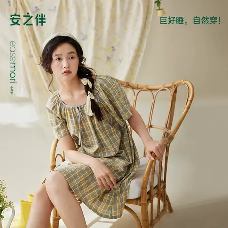 安之伴梭织纯棉睡裙女夏季2025新款睡衣夏款田园风格子短袖家居服商品大图