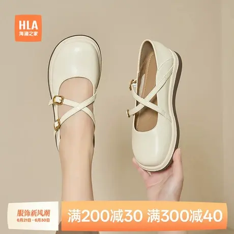 HLA/海澜之家小皮鞋女新款浅口单鞋学院圆头软底交叉绑带玛丽珍鞋图片