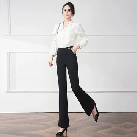 拉夏贝尔黑色垂感微喇裤女秋季2025新款高腰显瘦弹力洋气喇叭长裤商品大图