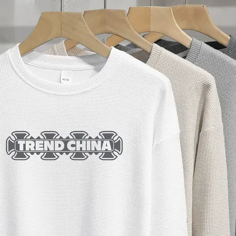 华夫格白色卫衣男2023秋季新款中国潮流宽松长袖t恤圆领无帽上衣商品大图