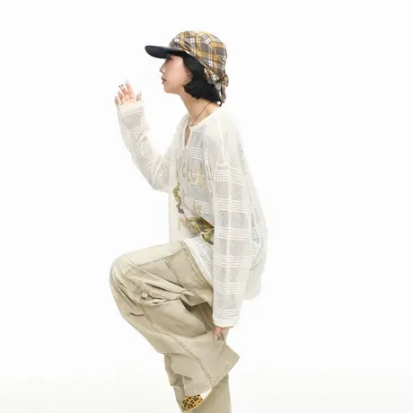 美式潮牌物理防晒V领微透印花罩衫女春秋新款宽松慵懒风长袖T恤商品大图