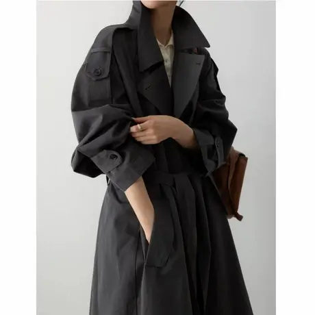 风衣女中长款韩版秋装新款翻领修身收腰长袖系带女士外套潮商品大图