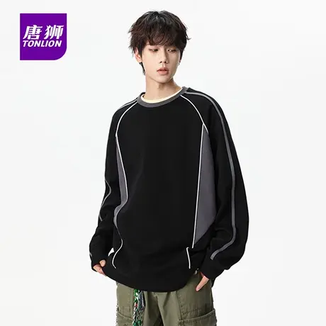 唐狮美式复古撞色拼接圆领卫衣秋冬季新款男士宽松舒适上衣服潮AP图片