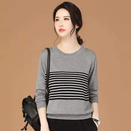 韩潮袭人时尚圆领条纹毛衣女2023秋季新款打底衫宽松百搭针织衫女图片