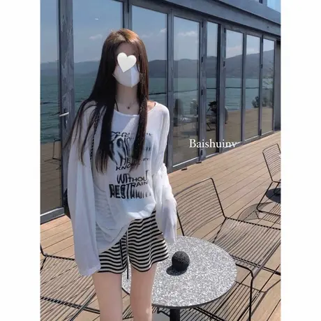 慵懒风露肩长袖t恤女宽松显瘦防晒衫薄款上衣黑色微透网纱小心机商品大图