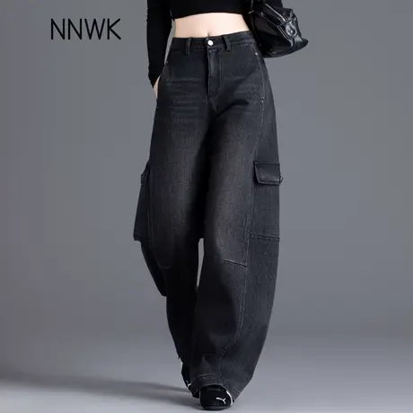 复古黑色牛仔裤女2025新款法式慵懒松弛感弯刀裤秋季高腰工装裤子图片