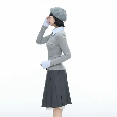 美式学院风印花假两件polo领卫衣女秋季新款修身显瘦chic套头上衣图片