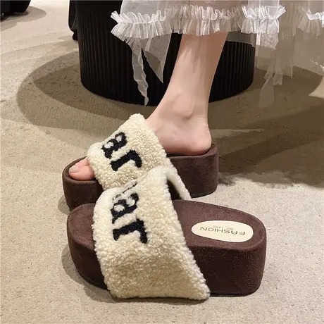 厚底增高毛毛鞋女2025秋季新款外穿懒人毛茸茸棉拖鞋时尚百搭鞋子商品大图