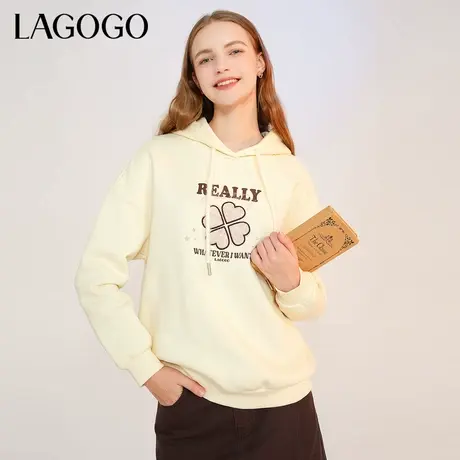 LAGOGO加绒加厚慵懒风套头卫衣女拉谷谷冬季新款小个子连帽上衣商品大图